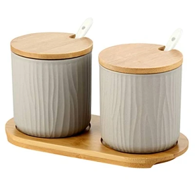 Image of OnePine Set of 2 Sugar Bowl, Ceramic Spice Jar Condiment Pots with Bamboo Lid and Spoon for Home Kitchen