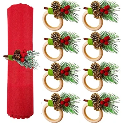 Image of KAHEIGN 8Pcs Christmas Napkin Rings, Wooden Holders with Pine Cone Red Berry Snowflake Rustic Buckle for Lunch Thanksgiving New Year Wedding Party Table Decoration