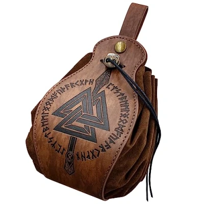 Image of HiiFeuer Medeival Faux Leather Pouch, Portable Drawstring Purse, Vintage Belt Pouch Dice Bag For LARP Ren Faire (Gungnir Brown)
