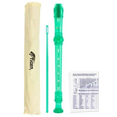 Image of TIGER REC7 GR Descant/Soprano School Recorder with Bag, Cleaning Rod and Fingering Chart, English/Baroque Green