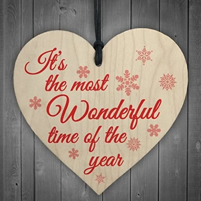 Image of RED OCEAN Most Wonderful Time Of The Year Wooden Hanging Heart Plaque Christmas Tree Decoration Xmas Sign