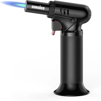 Image of Sondiko Kitchen Blow Torch with Fuel Gauge S907, Refillable Soldering Lighter Safety Lock and Adjustable Flame for Desserts, Creme Brulee, Welding, Industrial (Butane Not Included)