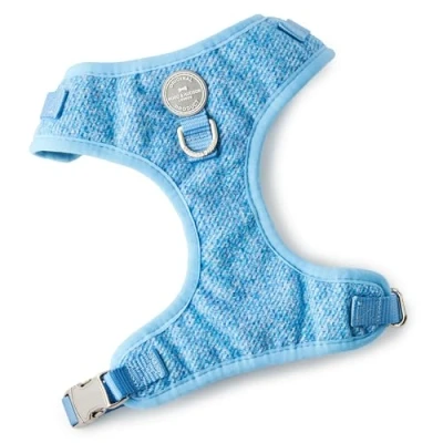 Image of HUGO &amp; HUDSON Tweed Dog Harness Adjustable Soft Padded No Pull Pet Vest with 2 Leads Clips, Blue, M