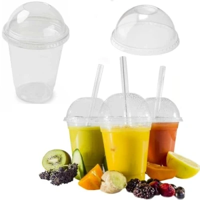 Image of ARA CHOICE Clear Disposable Plastic Smoothie Milkshake Pint Hot &amp; Cold Drink Round Glasses Cups + Domed Lids with Hole Water Milk Juice Beverages Drinking Cocktail Cup Glass (50, 9oz/200ml (Small))