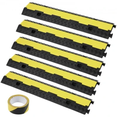 Image of VEVOR 5 PCs Rubber Cable Protector Ramp, 2 Channel, 12000 lbs/axle Capacity Heavy Duty Hose Wire Cover Ramp Driveway, Traffic Speed Bump with Flip Open Top &amp; 50 ft Warning Tape, for Indoor&amp;Outdo