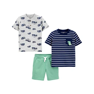 Image of Simple Joys by Carter&#039;s Baby Boys&#039; 3 Piece Button Up, Shorts, and Tee Playwear Set Pants, Green/Grey Monster Trucks/Navy Stripes, Years