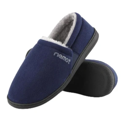 Image of riemot Men&#039;s Suede Moccasin Slippers, Cozy Memory Foam House Shoes with Anti Skid Rubber Sole, Warm Faux Sherpa Dual Side Elastic Gores Black 46EU