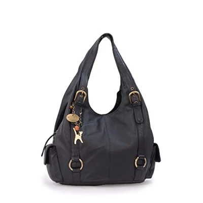Image of Catwalk Collection Handbags Women&#039;s Large Leather Shoulder Bag Hobo Tote With Zip Handbag Multiple Compartments ALEX Black