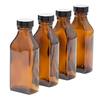 Image of 100ml Rectangular AMBER Glass Bottles with Black Lids PACK of 4
