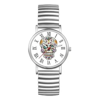 Image of JewelryWe Halloween Elastic Band Watch: Men Women Silver Ultra Thin Expansion Roman Numeral Analog Quartz Student Skull Watch