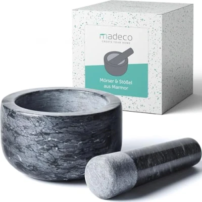 Image of madeco Marble Polished Mortar and Pestle, 14 cm Diameter, 400 ml Capacity, Non Slip Pad Included
