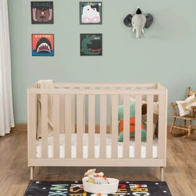 Image of Babymore Dante Mini Cot Bed Natural Convertible 3 in 1 to Toddler Bed, Day &amp; Sofa Upto 4 Year, Adjustable Base Positions, Comes with 2 Rails for Safe Teething No Mattress