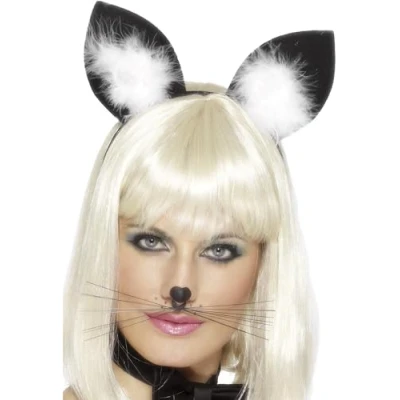 Image of Smiffys Cat Ears, Black with Marabou Trim on Headband, Party Animals Fancy Dress, Animal Dress Up Accessories