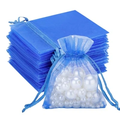 Image of G2PLUS Blue Organza Gift Pouches, 7x9 CM Small Favour Bags, 100 PCS Wedding Jewelry Clear Mesh Pouches Perfect for Wedding, Christmas, Birthday, Anniversary