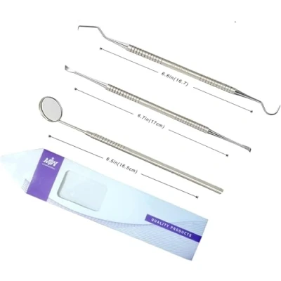 Image of Dental Oral Kit 3 Pcs Mirror Handle and Explorer Hook Pick Double Ended Hygiene Teeth Cleaning Whitening