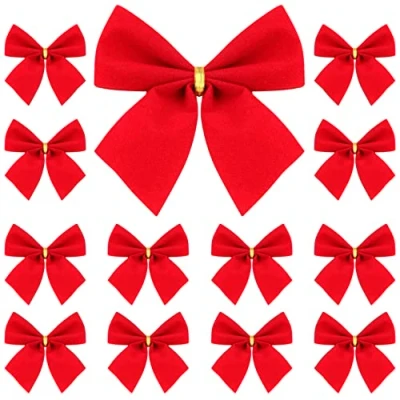 Image of LUOEM Velvet Ribbon Bows Christmas Tree Bowknots Xmas Ornaments Red A Set of 12