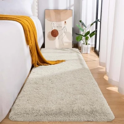 Image of MOONLIGHT20015 Fluffy Rugs for Bedroom Living Room Cream Shaggy Area Anti Slip Super Soft Thick Pile Non Shedding Hallway Runner Rug, 60 x 220 cm
