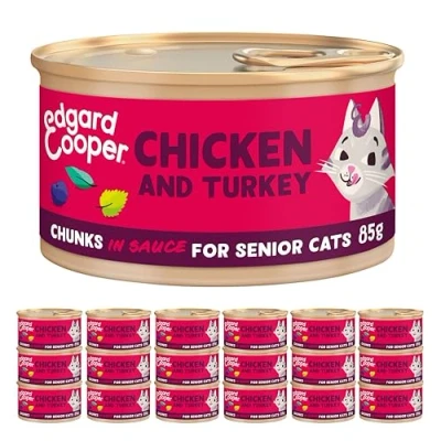 Image of Edgard Cooper wet cat food for senior cats, (chicken &amp; turkey, 18 x 85g tins), sterilized or active grain Free, fresh meat with natural ingredients, no added sugar