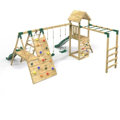 Image of Rebo® Children&#039;s Wooden Climbing Frame with Swings, 2 Slides, Up and over wall Monkey Bars Pennine OutdoorToys Sturdy Construction