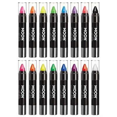 Image of Moon Glow Neon UV Face Paint Stick / Body Crayon makeup for the &amp; Pastel Intense set of 16 colours Glows brightly under lighting