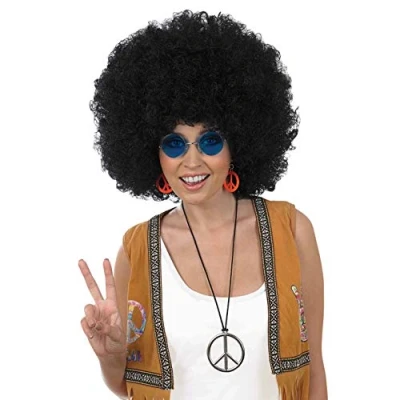 Image of Fun Shack Black Afro Wig Men and Women, Womens Mens Wig, 70s Adults, Hippy Wigs for Fancy Dress One Size