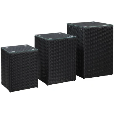 Image of vidaXL Side Tables 3 pcs with Glass Top Black Poly Rattan