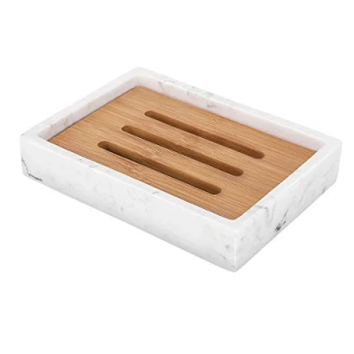 Image of Luxspire Soap Dish Tray, Resin Dish, Bamboo Bar Holder Box for Shower Kitchen Sink, Double Layer Draining Container Box, Wood Case, Bathroom Marble Pattern Gravel White