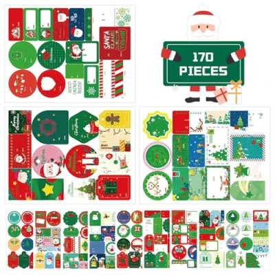 Image of Wondsea 170pcs Christmas Labels Stickers Self Adhesive,Self Adhesive Sticker with Cute Xmas Designs,Xmas Party Decorations Snowman Tree Jingle Bells for Gift Wrapping