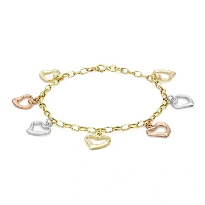 Image of Carissima Gold Women&#039;s 9 ct 3 Colour Heart Seven Charm mm Belcher Chain Bracelet of Length 18 cm/7 Inch