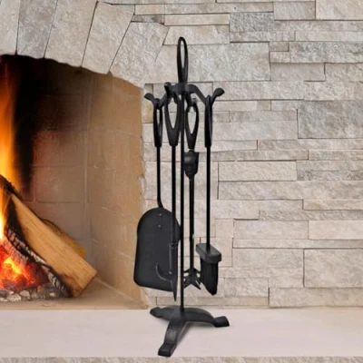 Image of Marco Paul 5pc Fireside Companion Set Heavy Duty Steel Sets For Log Burners Fireplaces Hard Wearing Black Fire Poker Fireplace Tool Long Lasting Accessories