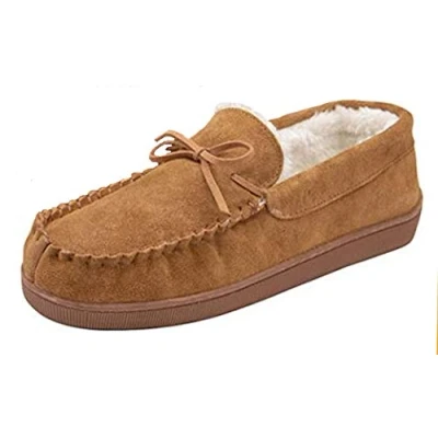 Image of Dunlop Mens Real Suede Leather Faux Sheepskin Fur Plush Fleece Lined Moccasin Slippers Memory Foam Rubber Sole House Bedroom Indoor (12 UK, Tobacco)