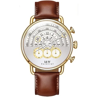 Image of Luxury Men&#039;s Big Dial Chronograph Sapphire Glass Waterproof Quartz Black Leather Gold Watches (Brown)