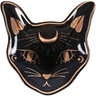 Image of Something Different Mystic Mog Cat Face Trinket Dish Perfect for Jewelry, Keys &amp; More, Ceramic and Dolomite, Black Gold, 10