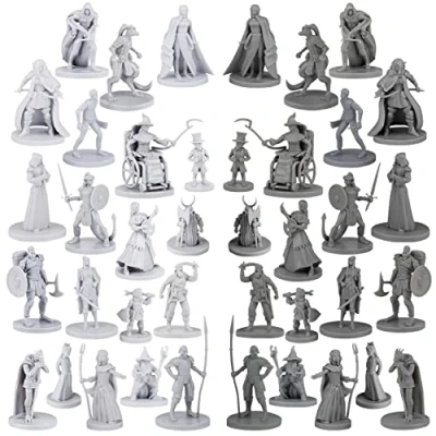 Image of Path Gaming Town Folks Set, 40 Fantasy Tabletop Miniatures for Dungeons and Dragons Miniatures. 28MM Scaled 20 Unique Designs, Bulk Unpainted Miniatures, Great D&amp;D Grey