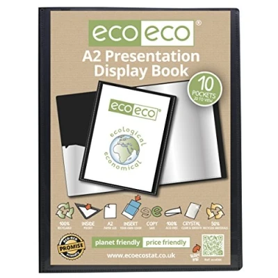 Image of eco A2 Size 50% Recycled 10 Pocket Black Presentation Display Book, Storage Case Portfolio Art Folder with Plastic Sleeves