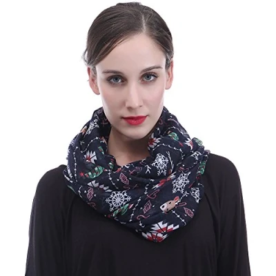 Image of Lina &amp; Lily Christmas Pattern Print Lightweight Snood Scarf (Navy Blue)