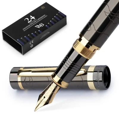 Image of Wordsworth &amp; Black Primori Fountain Pen Set [Gunmetal Gold]; Fine Nib, Gift Case, 24 Ink Cartridges, Refill Converter, Manual; Journaling, Calligraphy, Smooth Writing Pens; Left and Right Handed