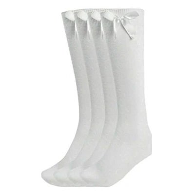 Image of 12 Pairs Kids Girls Plain Knee High School Cotton Rich Socks With Bow Ribbon (4 6, White)