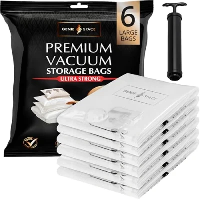 Image of GENIE Space Large Vacuum Storage Bags Pack of 6, 80x60cm Strong Saving Premium Airtight &amp; Reusable Bag for Clothes, Bedding, Towels, Cushions More inc Travel Pump
