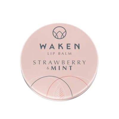 Image of Waken, 15ml Rich &amp; Nourishing Lip Balm Strawberry Mint, Fresh Fruity Natural Flavour, Vegan, Vitamin E, Shea Butter Cocoa Butter, 100% Natural, No Petroleum Jelly, Sustainable Packaging