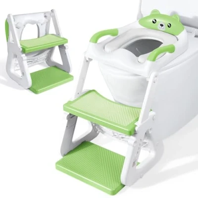 Image of Orzbow Adjustable Potty Training Toilet Seat with Steps,Stable Toddler and Step w/Triangle Structure,Extended Pedal &amp; Splash Guard Waterproof PVC Cushion,Anti Slip Lightweight,Green