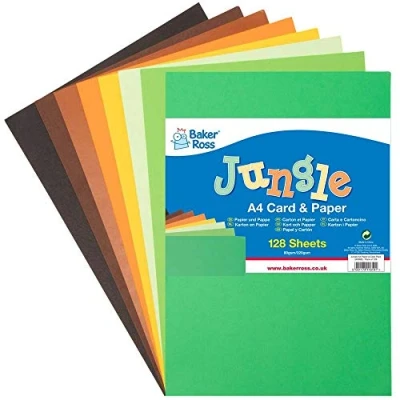 Image of Baker Ross AX999 Jungle A4 Paper &amp; Card Pack of 125, Coloured Art Supplies for Kids Craft Making Activities,