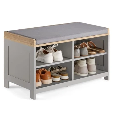 Image of VonHaus Shoe Storage Bench w/Padded Seat &amp; 4 Open Shelves Grey Hall Rack w/Ash Wood Veneer Top Multifunctional Footwear Organiser for Hallway, Entryway Porch