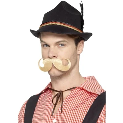 Image of Smiffys Deluxe German Trenker Hat, Black with Feathers &amp; Elastic Inner Rim, Oktoberfest Fancy Dress, Adult Dress Up Hats