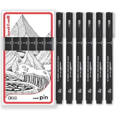 Image of Uni Pin Fineliner Drawing Pen Black Ink Pack of 6 Fine 0.5mm Nib Tip in Gift Box
