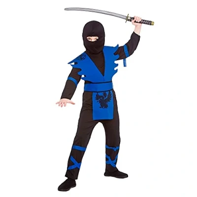 Image of Wicked Costumes Kids Ninja Assassin Fancy Dress Costume Black/Blue Large (8 10 Years)