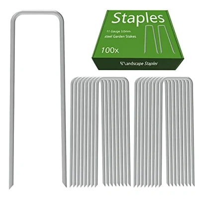 Image of AAGUT OuYi Garden Pegs 100x3.0mm x 6&quot;/150mm Galvanized Landscape Ground Staples, Rust Resistant Steel Sod Lawn U Pins Securing Netting, Weed Barrier Fabric, Polythene Sheeting
