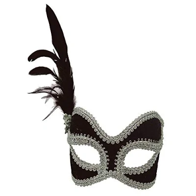 Image of Bristol Novelty Female Eye Mask Glasses Frame, PET, Feather, Polyester, Acrylic Stone, Black and Silver, One Size