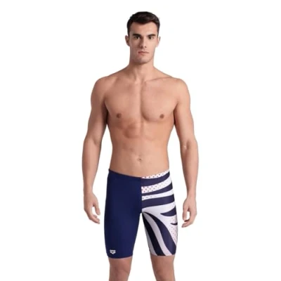 Image of ARENA Men&#039;s Performance Stripes Swim Jammer Trunks, Navy/White Multi, 30
