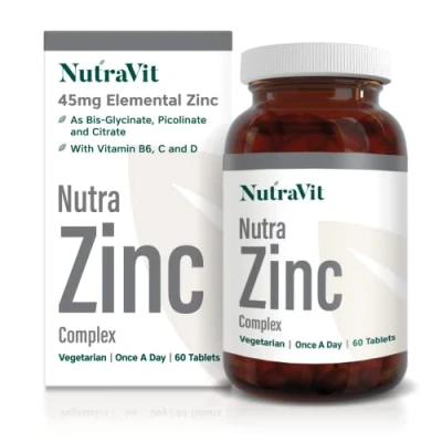 Image of NUTRA Zinc Complex 45mg Elemental 60 Tablets Contains Vitamin B6, C &amp; D Maintenance of Normal Immune System, Bones, Hair, Skin Nails Made in The UK by NutraVit